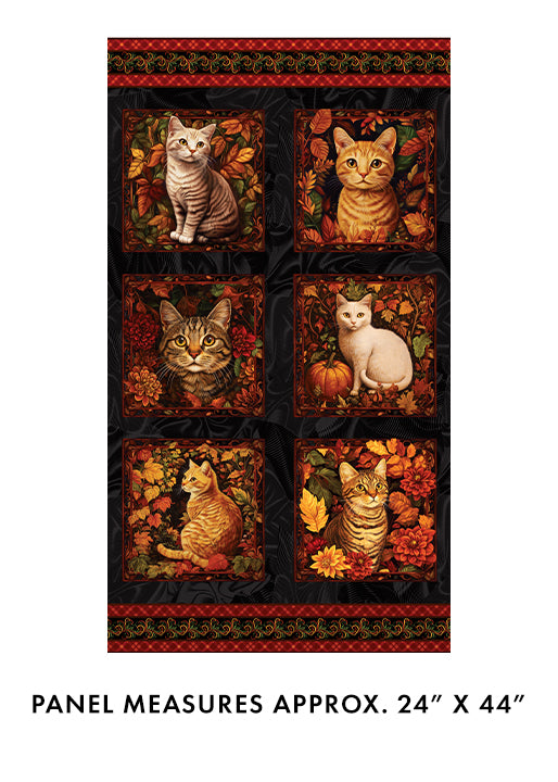 Autumn Cats Panel 24" Black Spice Peggy Collins Benartex Cotton Fabric BE-16765-87