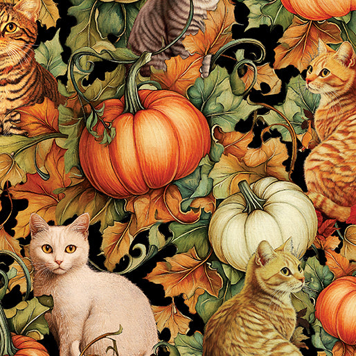 Autumn Cats Pumpkins and Cats Multi Peggy Collins Benartex Cotton Fabric BE-16766-99