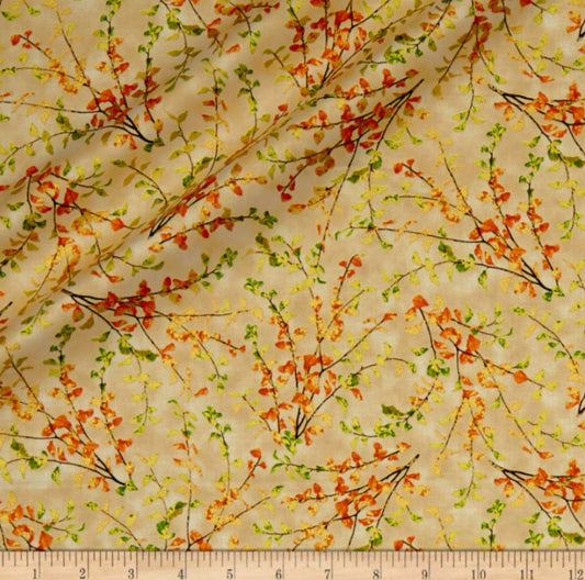 Autumn Shimmer Leaf Branch Cream Beige Gold Metallic Quilting Treasures Cotton Fabric