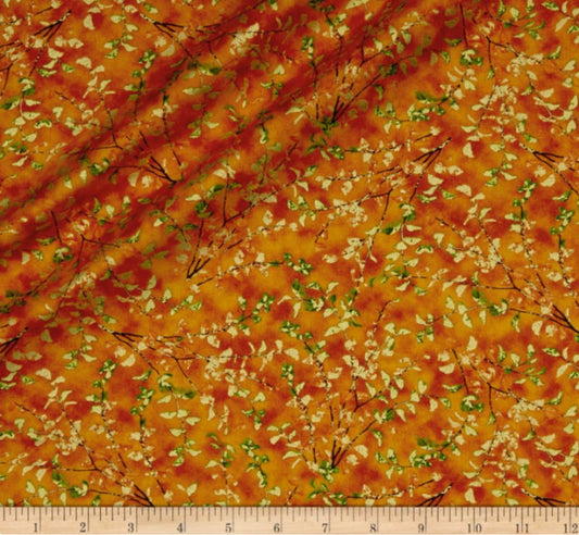 Autumn Shimmer Leaf Branch Metallic Orange Quilting Treasures Cotton Fabric