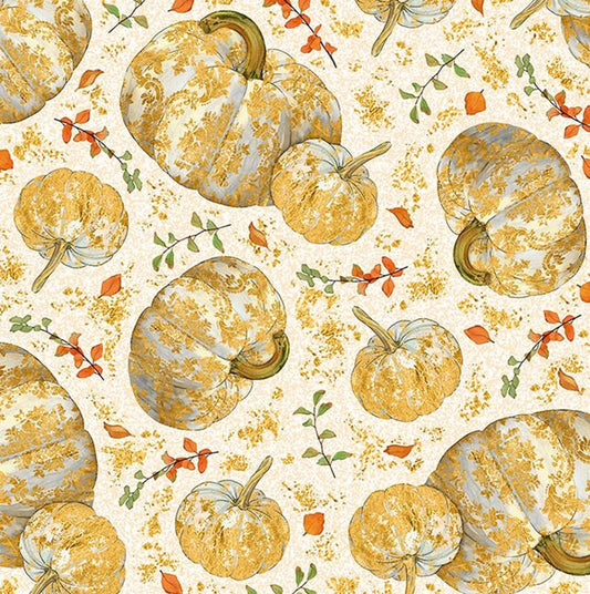 Autumn Shimmer Tossed Pumpkinins Cream Beige Gold Metallic Quilting Treasures Cotton Fabric