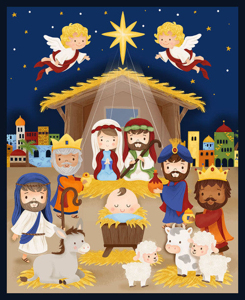 Away in a Manger Nativity Panel 36" Blue Satin Moon Designs Blank Quilting Cotton Fabric BQ-4195P-77