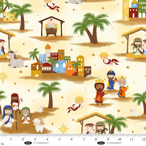 Away in a Manger Nativity Scenic Ivory Satin Moon Designs Blank Quilting Cotton Fabric BQ-4191-41