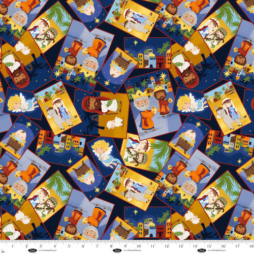 Away in a Manger Nativity Squares Tossed Blue Satin Moon Designs Blank Quilting Cotton Fabric BQ-4193-77