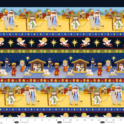 Away in a Manger Nativity Stripe Blue Satin Moon Designs Blank Quilting Cotton Fabric BQ-4190-77