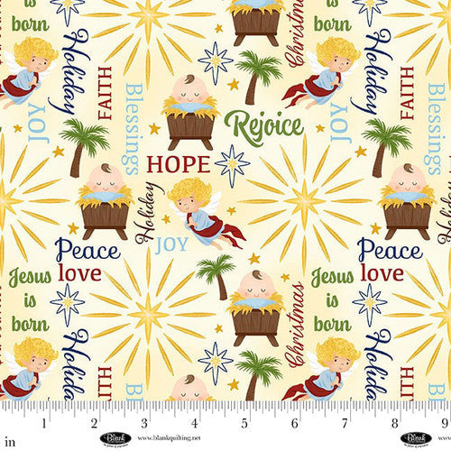 Away in a Manger Nativity Words Ivory Satin Moon Designs Blank Quilting Cotton Fabric BQ-4189-41