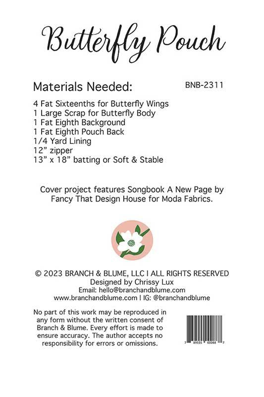 Butterfly Pouch Pattern 8"x11" Chrissy Lux Branch & Blume BNB-2311