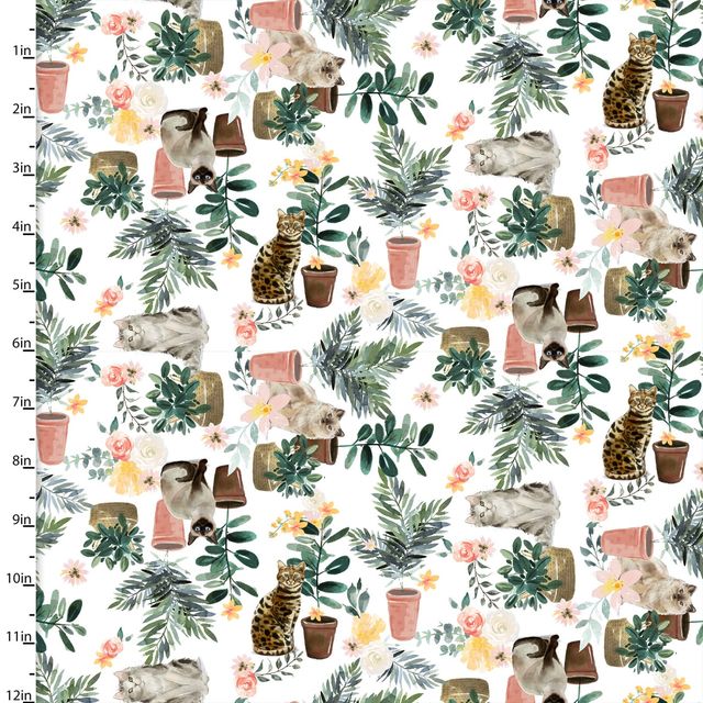 Every Day is Caturday Cat Plant White 3 Wishes Cotton Fabric