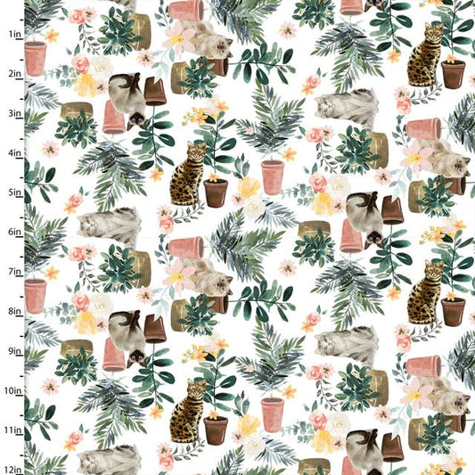 Every Day is Caturday Cat Plant White 3 Wishes Cotton Fabric