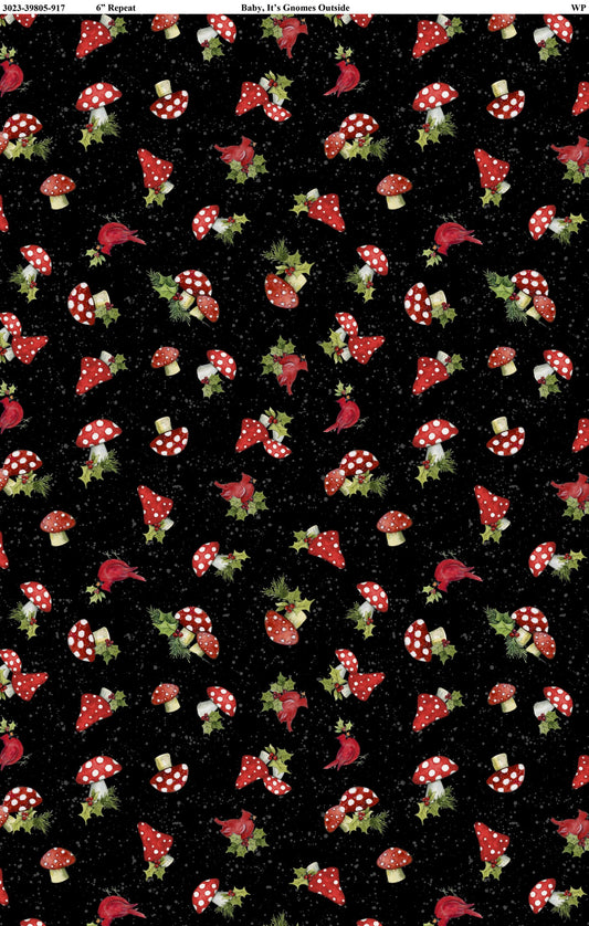 Baby It's Gnomes Outside Mushroom Toss Black Susan Winget Wilmington Prints Cotton Fabric