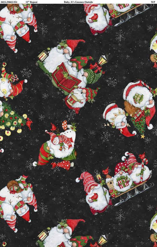 Baby It's Gnomes Outside Gnomes Allover Black Susan Winget Wilmington Prints Cotton Fabric