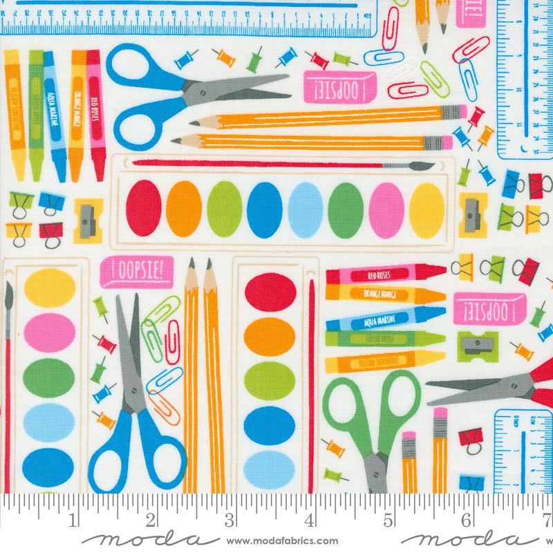 Back To School School Supplies Paint Ruler Scissors Paper White Stacy Iest Hsu Moda Cotton Fabric