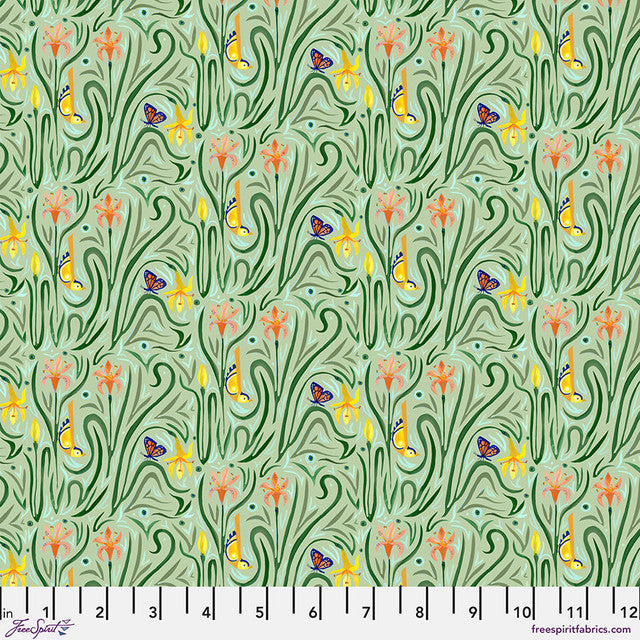 Backyard Wonder Daylily Dance Green Adam Trest Free Spirit Cotton Fabric FS-PWAT006.GREEN