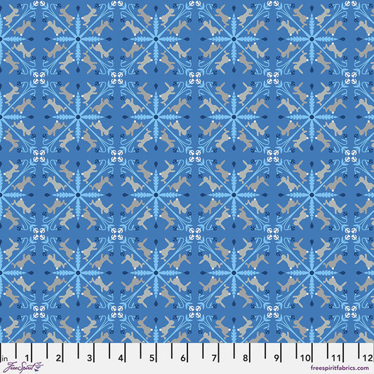 Backyard Wonder Racing Rabbits Blue Adam Trest Free Spirit Cotton Fabric FS-PWAT010.BLUE