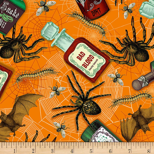 Bad Blood Poison Bottles Spiders Bats Orange Fun Timeless Treasures Cotton Fabric