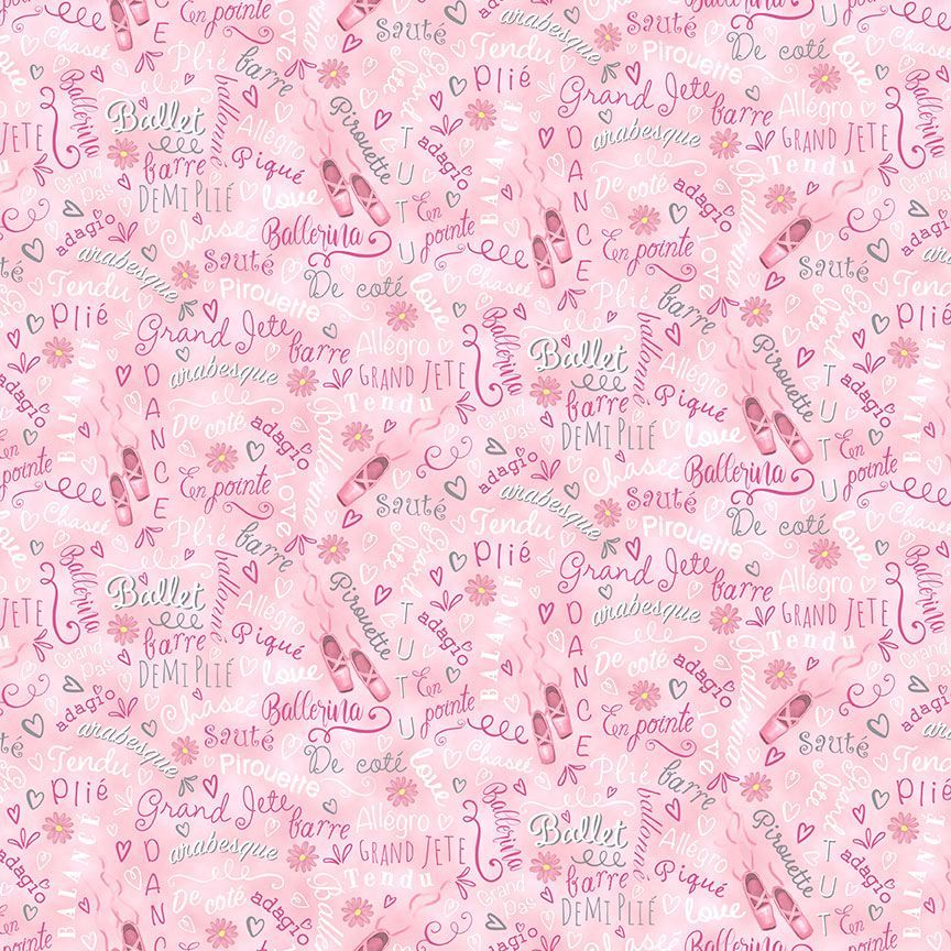 Ballet Bunnies Ballet Slippers Words Pink Timeless Treasures Cotton Fabric