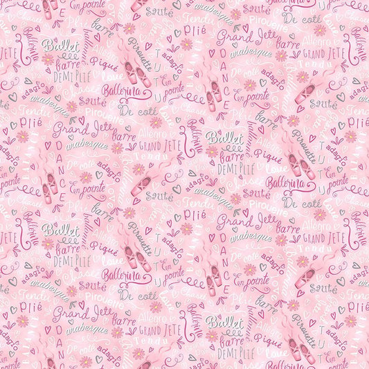 Ballet Bunnies Ballet Slippers Words Pink Timeless Treasures Cotton Fabric