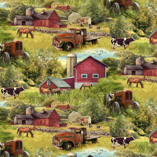Barns and Trucks Horses Cows Allover Green David Textiles Cotton Fabric