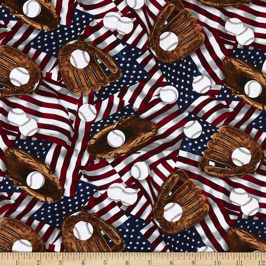 Grand Slam Baseball Americana Gloves Flags Multi Gail Cadden Timeless Treasures Cotton Fabric TT-C8314 Multi