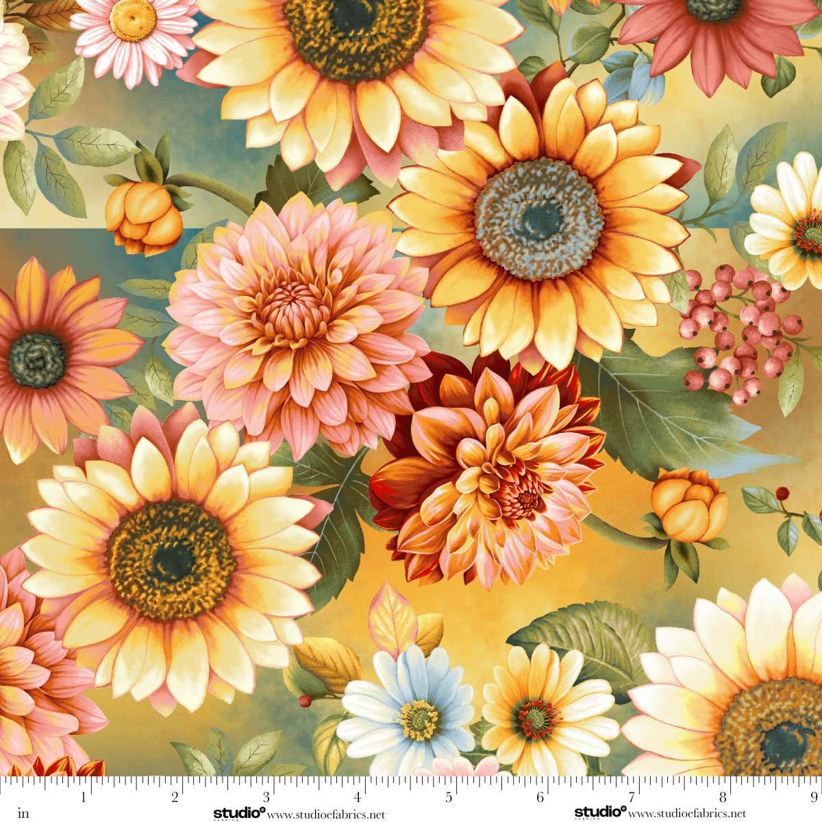 Baskets of Autumn Blessings Allover Floral Blue Multi Art Loft Studio E Cotton Fabric SE-9200-77