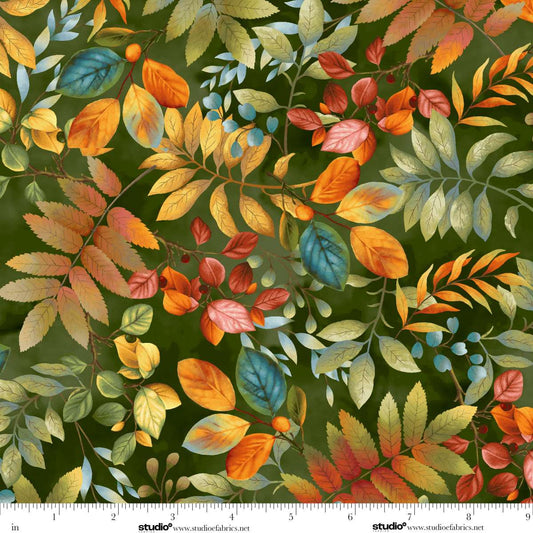 Baskets of Autumn Blessings Allover Leaves Forest Green Art Loft Studio E Cotton Fabric SE-9199-66