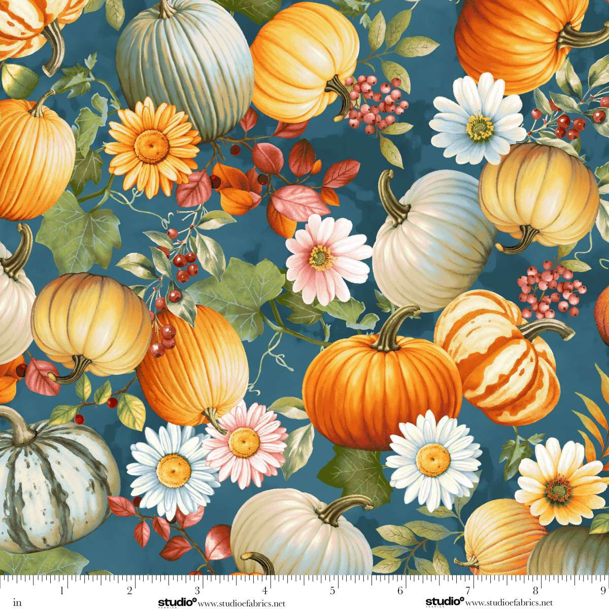 Baskets of Autumn Blessings Allover Pumpkin Jade Blue Art Loft Studio E Cotton Fabric SE-9197-76