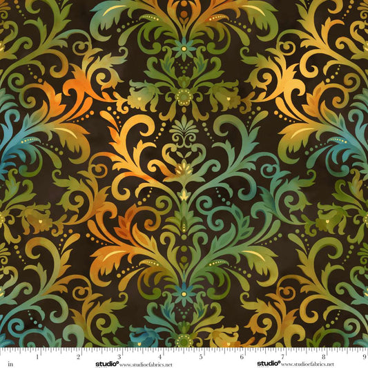 Baskets of Autumn Blessings Damask Flourish Brown Multi Art Loft Studio E Cotton Fabric SE-9198-38