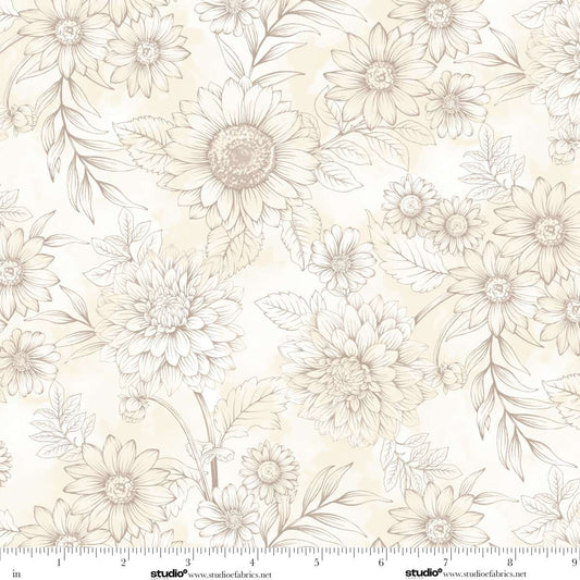 Baskets of Autumn Blessings Pen and Ink Sketch Floral Cream Art Loft Studio E Cotton Fabric SE-9202-44