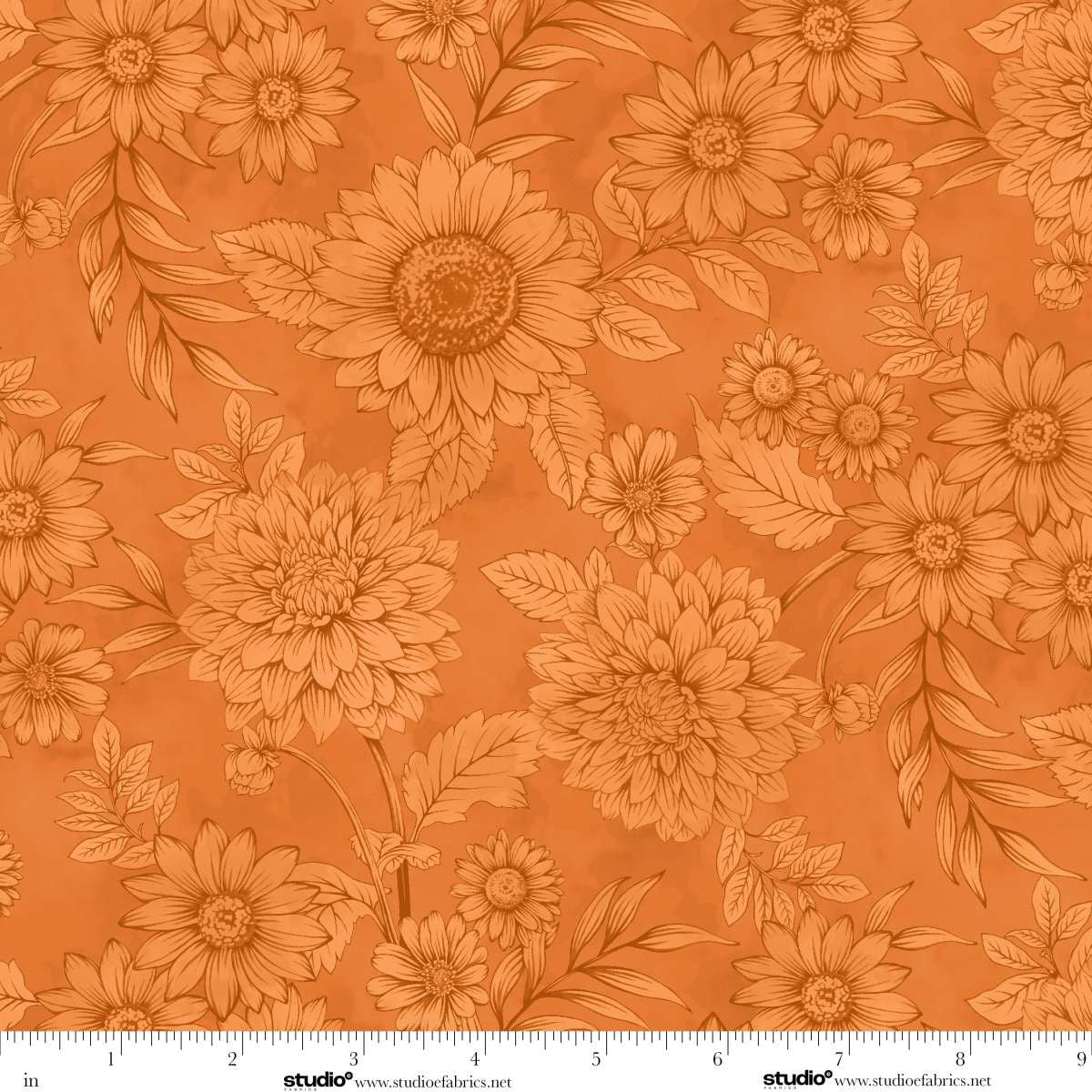 Baskets of Autumn Blessings Pen and Ink Sketch Floral Pumpkin Orange Art Loft Studio E Cotton Fabric SE-9202-35