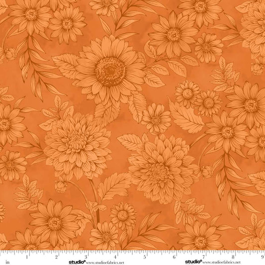 Baskets of Autumn Blessings Pen and Ink Sketch Floral Pumpkin Orange Art Loft Studio E Cotton Fabric SE-9202-35