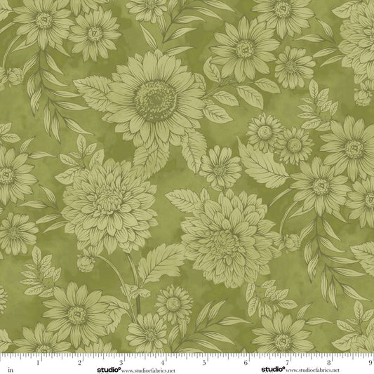 Baskets of Autumn Blessings Pen and Ink Sketch Floral Sage Green Art Loft Studio E Cotton Fabric SE-9202-66