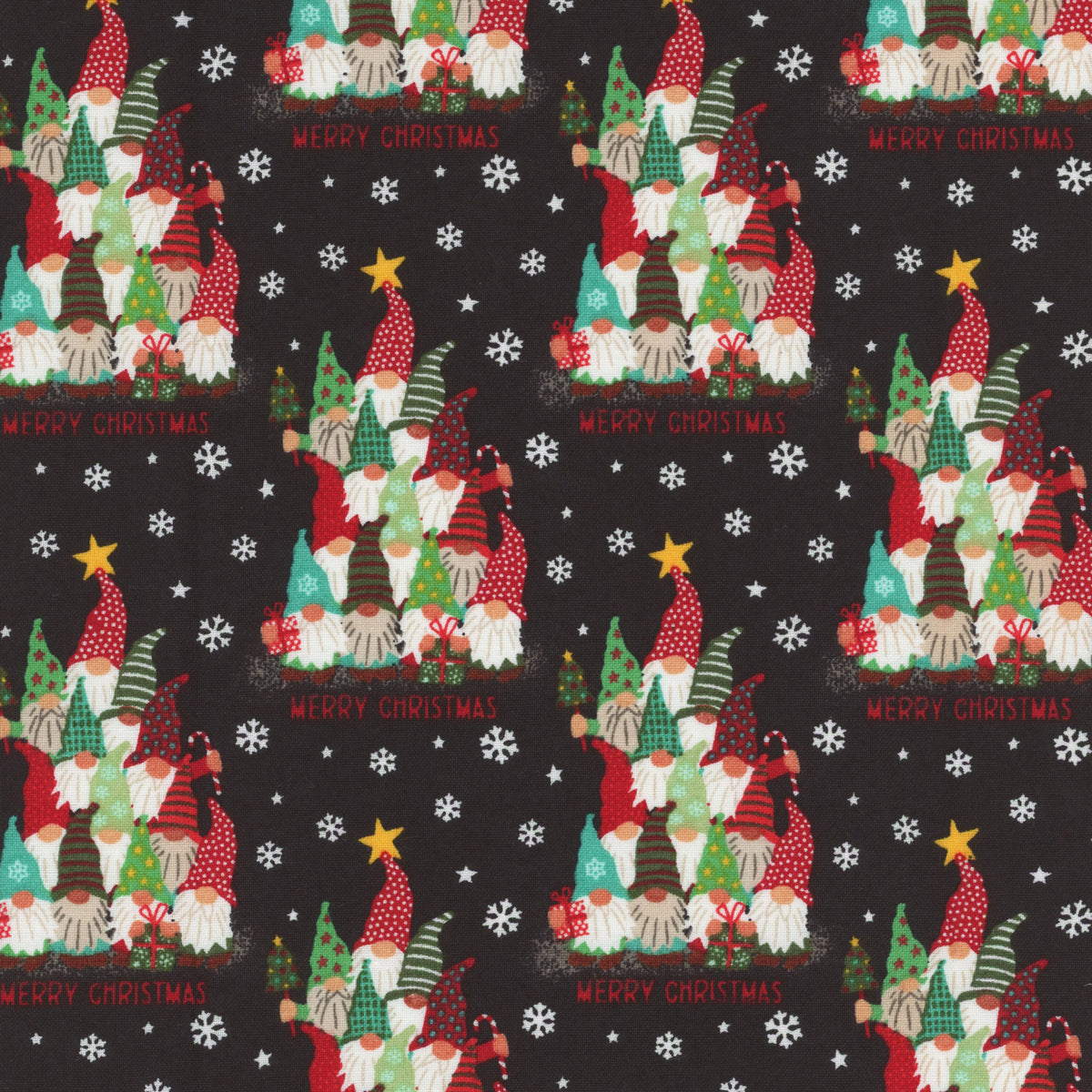 Be Merry Gnome Tree Snowflakes Allover Black Lisa Perry 3 Wishes Fabrics Cotton Fabric