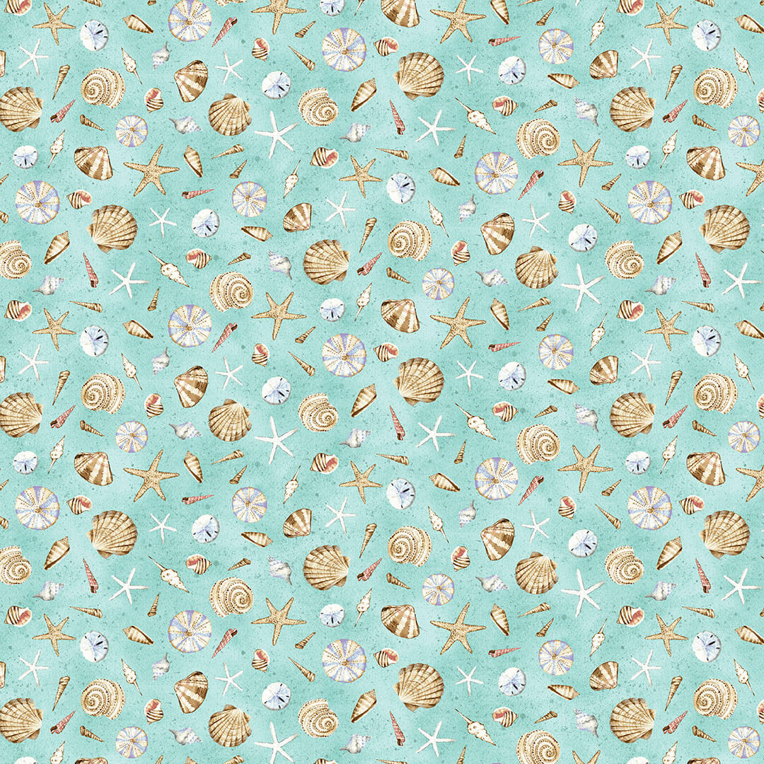 Beach Bound Tossed Seashells Aqua Blue Barb Tourtillotte Henry Glass Cotton Fabric