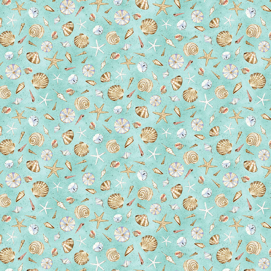 Beach Bound Tossed Seashells Aqua Blue Barb Tourtillotte Henry Glass Cotton Fabric