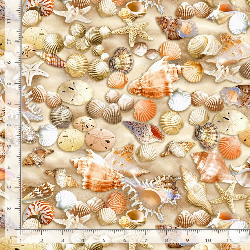 Beach Comber Shells Starfish Allover Multi Timeless Treasures Cotton Fabric