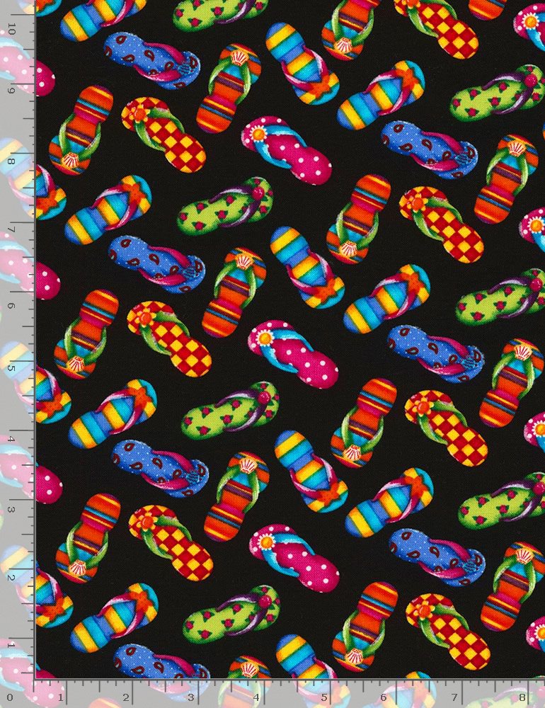 Beach Flip Flops Tossed Black Timeless Treasures Cotton Fabric