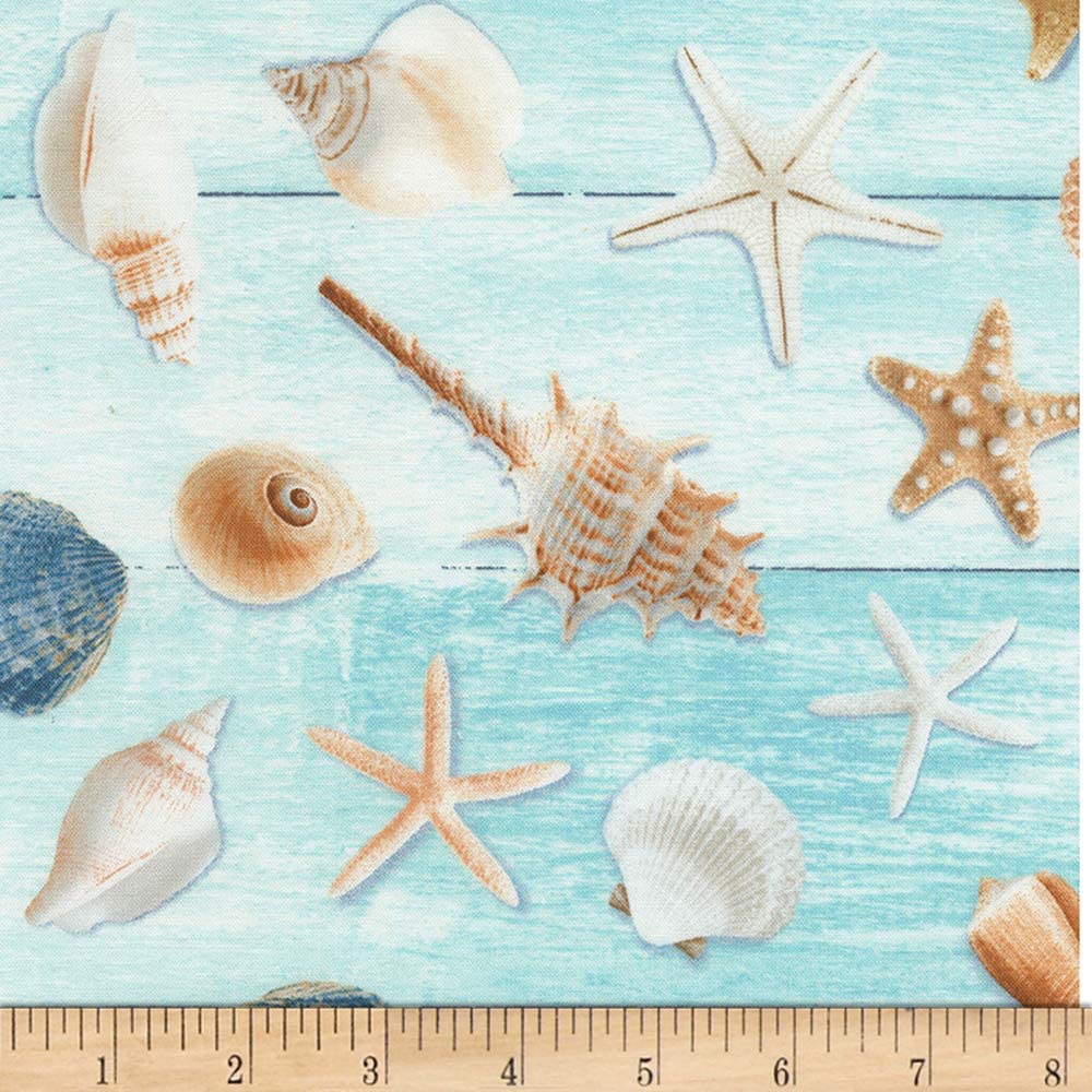 Beach is My Happy Place Seashells Allover Aqua Timeless Treasures Cotton Fabric