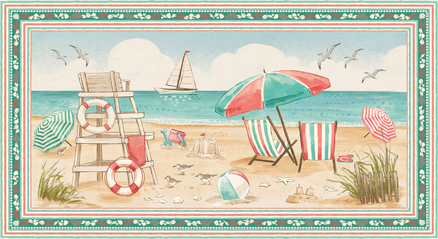 Beachy Keen Beach Scene Panel 24” Sand Janelle Falke Blank Quilting Cotton Fabric