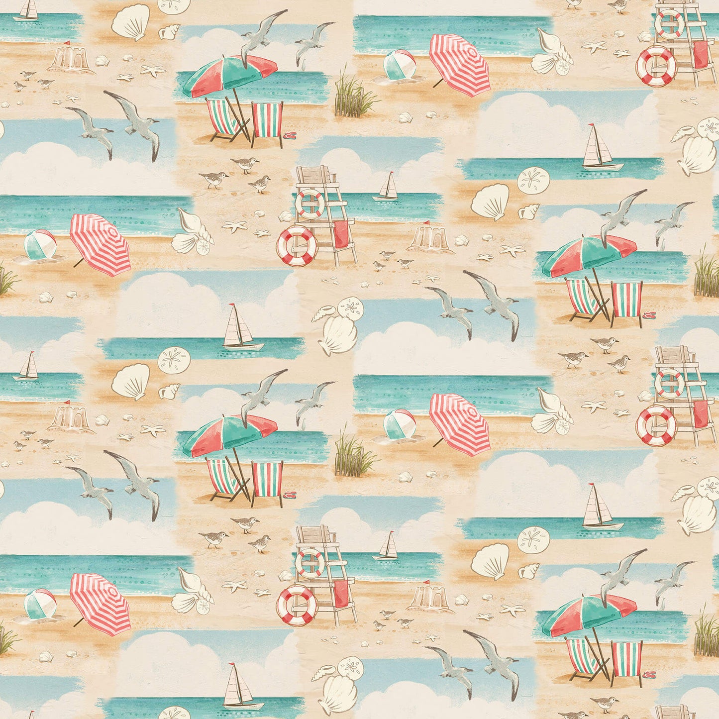 Beachy Keen Beach Scene Light Blue Janelle Falke Blank Quilting Fabrics Cotton Fabric