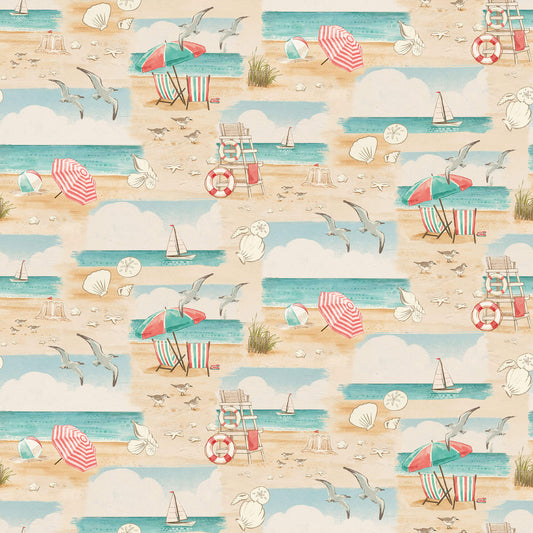 Beachy Keen Beach Scene Light Blue Janelle Falke Blank Quilting Fabrics Cotton Fabric