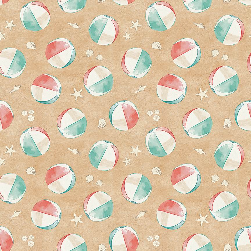 Beachy Keen Tossed Beach Balls Sand Janelle Falke Blank Quilting Fabrics Cotton Fabric