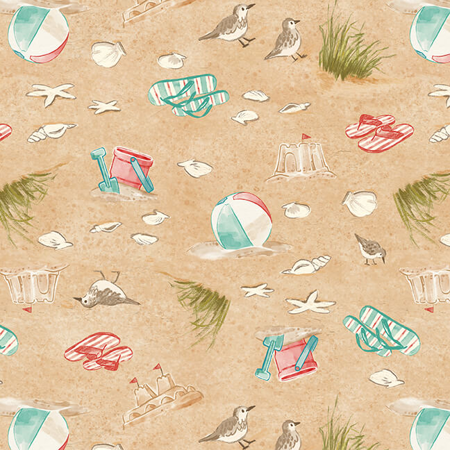 Beachy Keen Tossed Beach Items Sand Janelle Falke Blank Quilting Fabrics Cotton Fabric