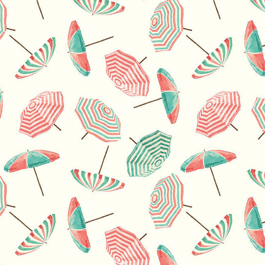 Beachy Keen Tossed Beach Umbrellas Ivory Janelle Falke Blank Quilting Fabrics Cotton Fabric