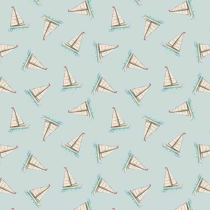 Beachy Keen Tossed Boats Light Blue Janelle Falke Blank Quilting Fabrics Cotton Fabric