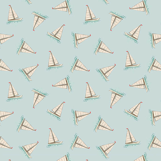 Beachy Keen Tossed Boats Light Blue Janelle Falke Blank Quilting Fabrics Cotton Fabric