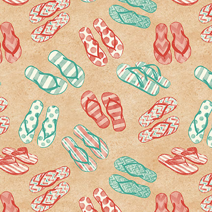 Beachy Keen Tossed Flip Flops Sand Janelle Falke Blank Quilting Fabrics Cotton Fabric