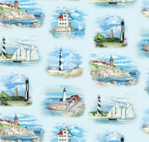 Beacons of Light Lighthouses Allover Blue Paul Brent Elizabeth's Studios Cotton Fabric