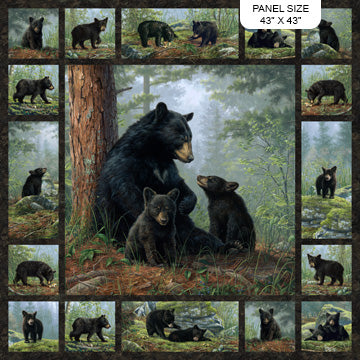Bear's Den Bear Panel 43"x43" Black Multi Hautman Brothers Wildlife Art Northcott Cotton Fabric
