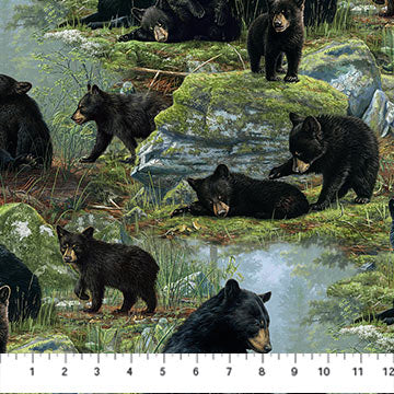 Bear's Den Bear Scenic Black Multi Hautman Brothers Wildlife Art Northcott Cotton Fabric