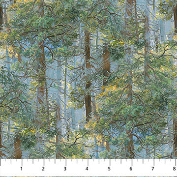 Bear's Den Trees Light Blue Multi Hautman Brothers Wildlife Art Northcott Cotton Fabric